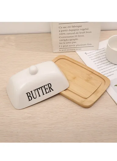 Wooden Butter Keeper With Ceramic Lid for Countertop (W18 x D11 x H9)cm - Dark Green