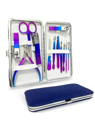 12 Pcs Stainless Steel Manicure Set Professional Nail Clipper Kit of Pedicure- Blue Purple