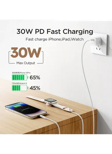 S-IW012 2-in-1 iP Watch Magnetic Charger+30W Fast Charging Cable (USB-C) 1.5m-White