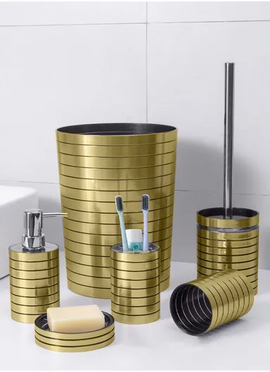 6 Pcs Bathroom Accessories Set With Toothbrush Holder, Mouthwash Cup, Lotion Dispenser, Soap Dish, Toilet Brush &amp; Waste Bin Z129-308 - Gold
