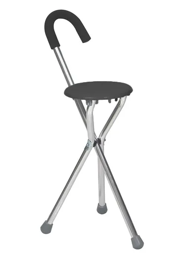 3 Legs Dual Use Folding Walking Stick, Portable Lightweight Walking Crutch with Seat &amp; Non-Slip Tripods For Elders XG-179 (H80 x W28 x D35)cm - Black