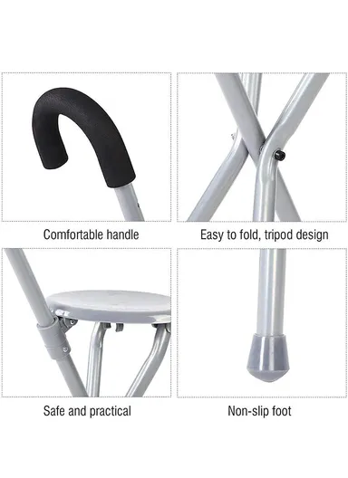 3 Legs Dual Use Folding Walking Stick, Portable Lightweight Walking Crutch with Seat &amp; Non-Slip Tripods For Elders XG-179 (H80 x W28 x D35)cm - Black