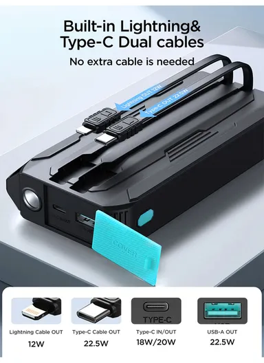 10000mAh 22.5W Power Bank With Dual Cables JR-L017 (L15.1 x W6.8 x H1.8)cm - Black