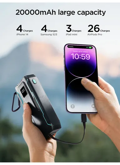 10000mAh 22.5W Power Bank With Dual Cables JR-L017 (L15.1 x W6.8 x H1.8)cm - Black