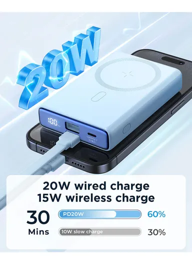 20W 10000mAh Magnetic Wireless Power Bank with Built-in Type-C to Lightning Cable &amp; Kickstand JR-PBM01 - White