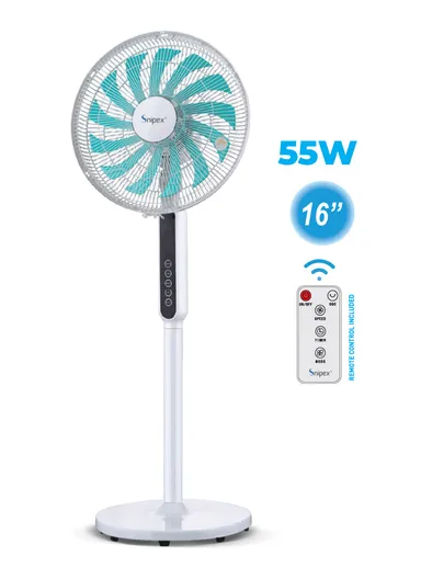 16" 55W 13-Blade Touch &amp; Remote Control Pedestal Stand/Desk Fan With 3 Height Adjustment, 3 Speeds, 3 Wind Modes, Timer &amp; Room Temperature Display SPX18R - White