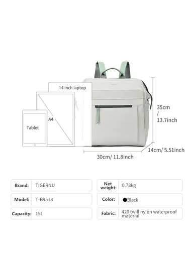 14" Laptop 15L Nylon Backpack With Water Bottle Holders &amp; Trolley Sleeve T-B9513 - Black