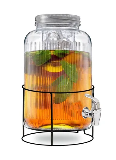 5.5L Glass Beverage Dispenser Jug with Iron Frame &amp; Spigot Set (D20 x H38)cm