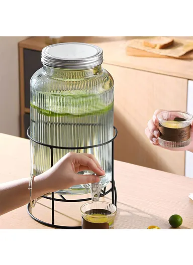 5.5L Glass Beverage Dispenser Jug with Iron Frame &amp; Spigot Set (D20 x H38)cm