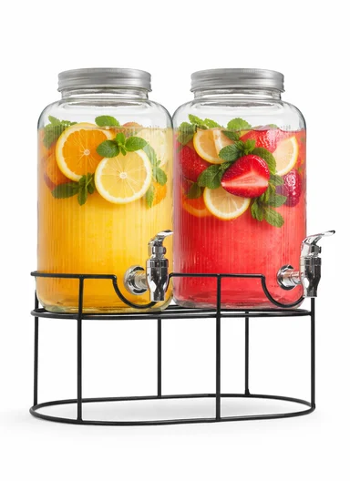 5.5L Double Glass Beverage Dispenser Jug with Iron Frame &amp; Spigot Set (L37 x W15 x H37)cm - 2 Pieces