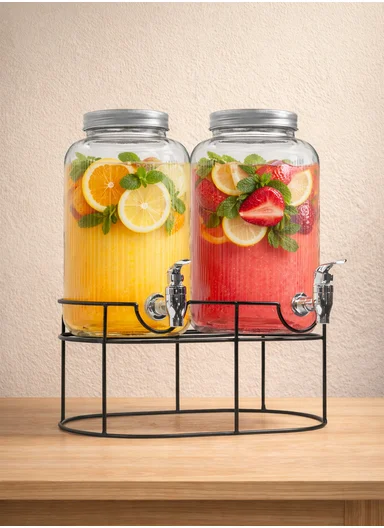 5.5L Double Glass Beverage Dispenser Jug with Iron Frame &amp; Spigot Set (L37 x W15 x H37)cm - 2 Pieces