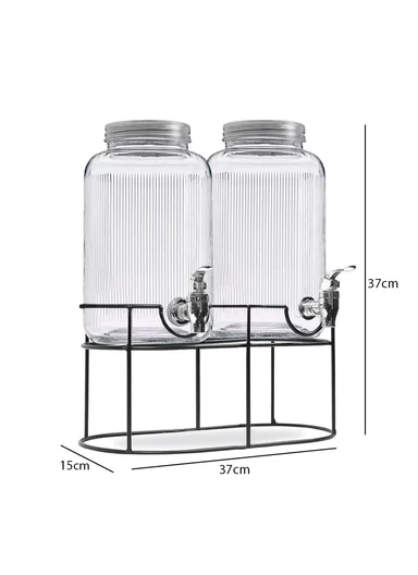 5.5L Double Glass Beverage Dispenser Jug with Iron Frame &amp; Spigot Set (L37 x W15 x H37)cm - 2 Pieces