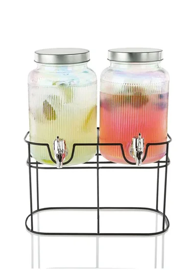 5.5L Double Glass Beverage Dispenser Jug with Iron Frame &amp; Spigot Set (L37 x W15 x H37)cm - 2 Pieces