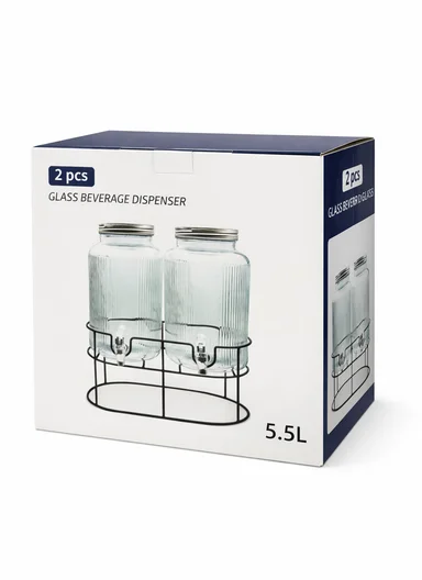 5.5L Double Glass Beverage Dispenser Jug with Iron Frame &amp; Spigot Set (L37 x W15 x H37)cm - 2 Pieces