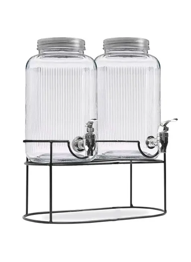 3.8L Double Glass Beverage Dispenser Jug with Iron Frame &amp; Spigot Set (L33 x W15 x H32)cm - 2 Pieces