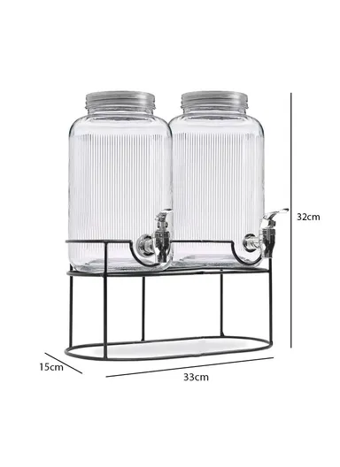 3.8L Double Glass Beverage Dispenser Jug with Iron Frame &amp; Spigot Set (L33 x W15 x H32)cm - 2 Pieces