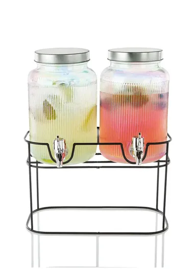3.8L Double Glass Beverage Dispenser Jug with Iron Frame &amp; Spigot Set (L33 x W15 x H32)cm - 2 Pieces