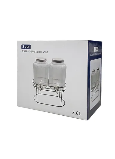 3.8L Double Glass Beverage Dispenser Jug with Iron Frame &amp; Spigot Set (L33 x W15 x H32)cm - 2 Pieces