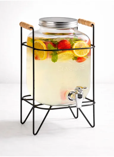 4LGlass Beverage Dispenser Jug with Iron Frame &amp; Spigot Set (L18 x W9 x H34)cm