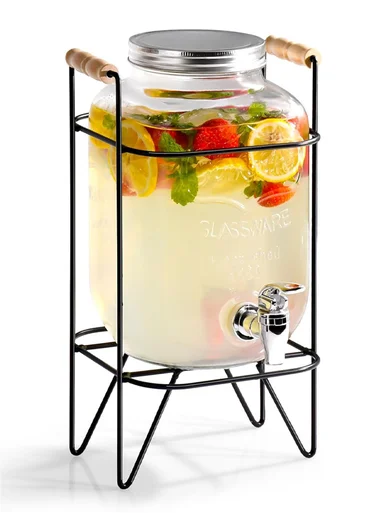 4LGlass Beverage Dispenser Jug with Iron Frame &amp; Spigot Set (L18 x W9 x H34)cm