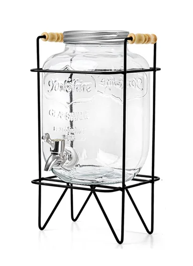 4LGlass Beverage Dispenser Jug with Iron Frame &amp; Spigot Set (L18 x W9 x H34)cm