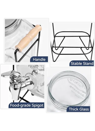 4LGlass Beverage Dispenser Jug with Iron Frame &amp; Spigot Set (L18 x W9 x H34)cm