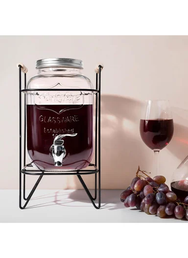 4LGlass Beverage Dispenser Jug with Iron Frame &amp; Spigot Set (L18 x W9 x H34)cm