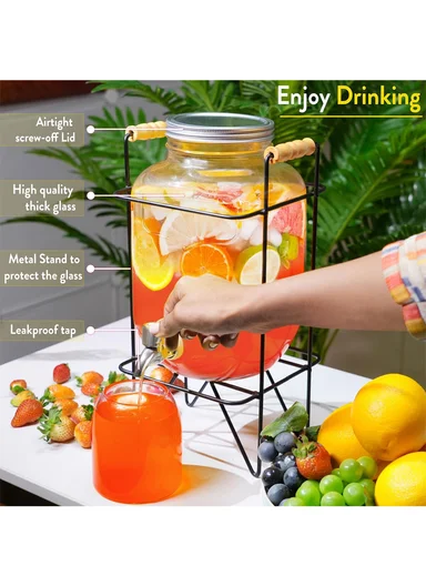 4LGlass Beverage Dispenser Jug with Iron Frame &amp; Spigot Set (L18 x W9 x H34)cm