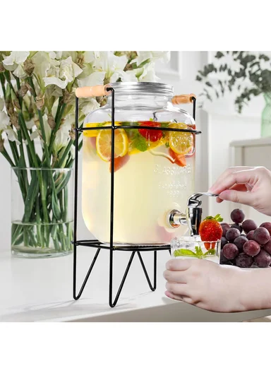 4LGlass Beverage Dispenser Jug with Iron Frame &amp; Spigot Set (L18 x W9 x H34)cm