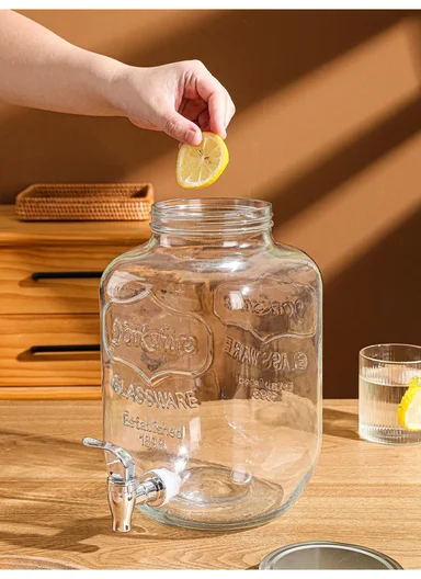 4LGlass Beverage Dispenser Jug with Iron Frame &amp; Spigot Set (L18 x W9 x H34)cm