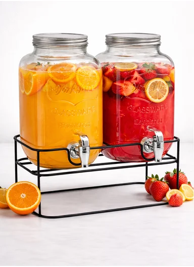 4L Double Glass Beverage Dispenser Jug with Iron Frame &amp; Spigot Set (L32 x W15 x H30)cm - 2 Pieces