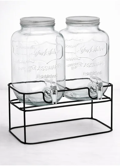 4L Double Glass Beverage Dispenser Jug with Iron Frame &amp; Spigot Set (L32 x W15 x H30)cm - 2 Pieces