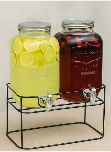 4L Double Glass Beverage Dispenser Jug with Iron Frame &amp; Spigot Set (L32 x W15 x H30)cm - 2 Pieces