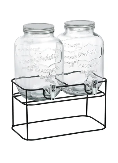 4L Double Glass Beverage Dispenser Jug with Iron Frame &amp; Spigot Set (L32 x W15 x H30)cm - 2 Pieces