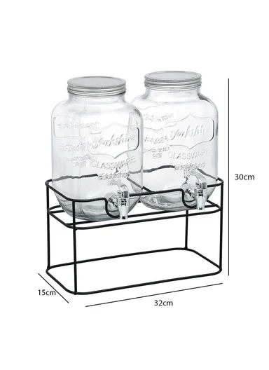 4L Double Glass Beverage Dispenser Jug with Iron Frame &amp; Spigot Set (L32 x W15 x H30)cm - 2 Pieces