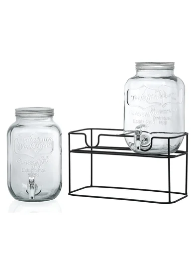 4L Double Glass Beverage Dispenser Jug with Iron Frame &amp; Spigot Set (L32 x W15 x H30)cm - 2 Pieces