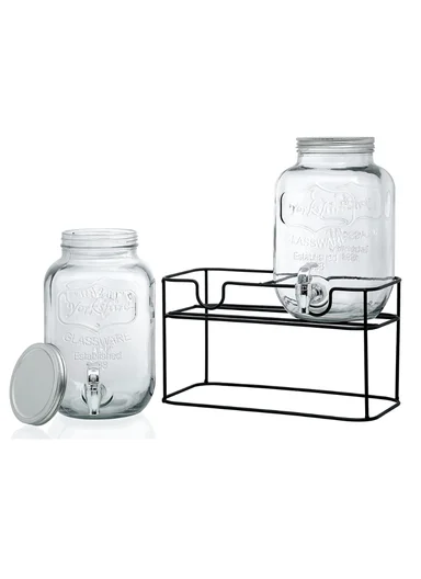 4L Double Glass Beverage Dispenser Jug with Iron Frame &amp; Spigot Set (L32 x W15 x H30)cm - 2 Pieces