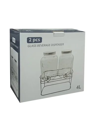 4L Double Glass Beverage Dispenser Jug with Iron Frame &amp; Spigot Set (L32 x W15 x H30)cm - 2 Pieces