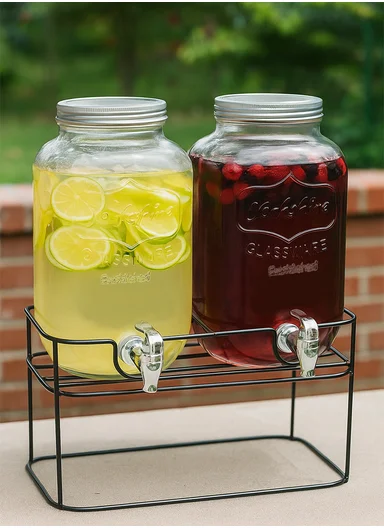 4L Double Glass Beverage Dispenser Jug with Iron Frame &amp; Spigot Set (L32 x W15 x H30)cm - 2 Pieces