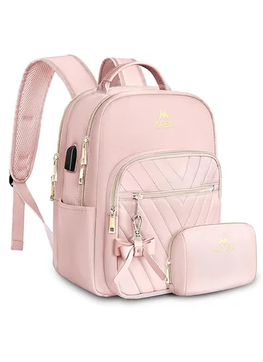 2 Pcs Women's Mini Travel Bags Set, Waterproof Backpack with USB Port &amp; Organizer Bag - Pink