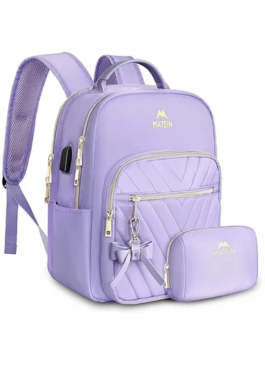 2 Pcs Women's Mini Travel Bags Set, Waterproof Backpack with USB Port &amp; Organizer Bag - Purple