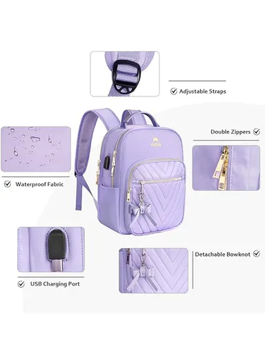 2 Pcs Women's Mini Travel Bags Set, Waterproof Backpack with USB Port &amp; Organizer Bag - Purple
