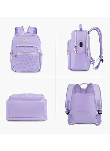 2 Pcs Women's Mini Travel Bags Set, Waterproof Backpack with USB Port &amp; Organizer Bag - Purple