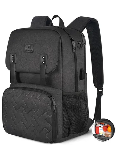 Leakproof Laptop Backpack with Insulated Lunch Compartment &amp; USB Port - Black