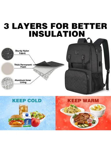 Leakproof Laptop Backpack with Insulated Lunch Compartment &amp; USB Port - Black