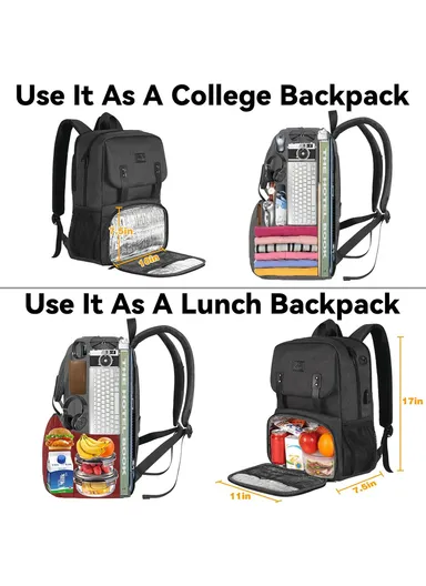 Leakproof Laptop Backpack with Insulated Lunch Compartment &amp; USB Port - Black