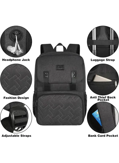 Leakproof Laptop Backpack with Insulated Lunch Compartment &amp; USB Port - Black