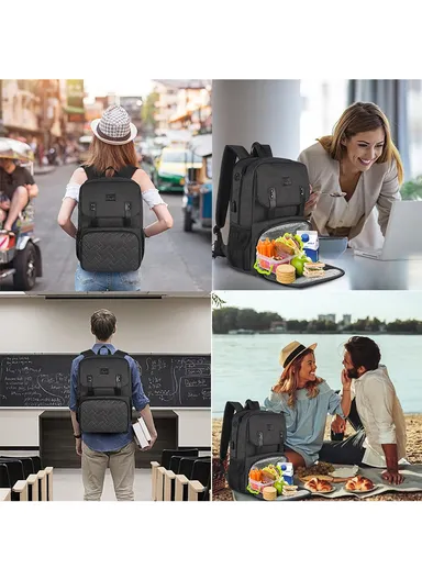 Leakproof Laptop Backpack with Insulated Lunch Compartment &amp; USB Port - Black