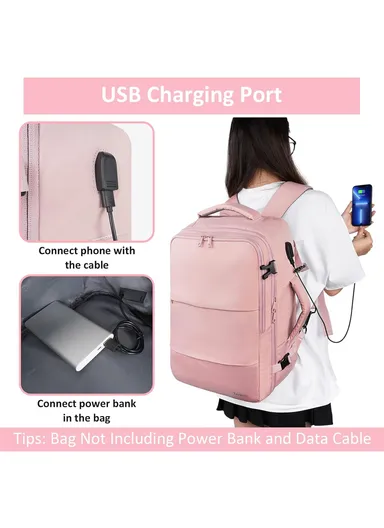 17" Waterproof Travel Backpack With USB Charge For Outdoor Sports - Pink