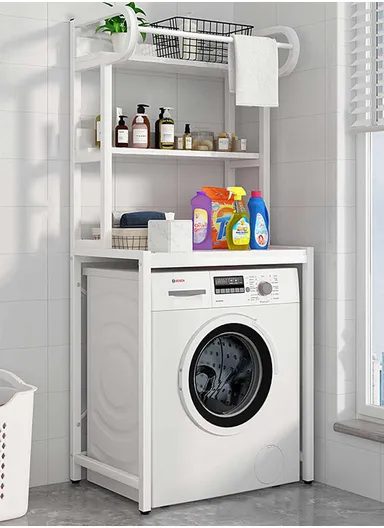 3-Layer Shelf Over The Washing Machine Bathroom Space Saving Organizer Rack, with Clothes Hanging Rod Z-09 (W69 x D60 x H183.5)cm- White